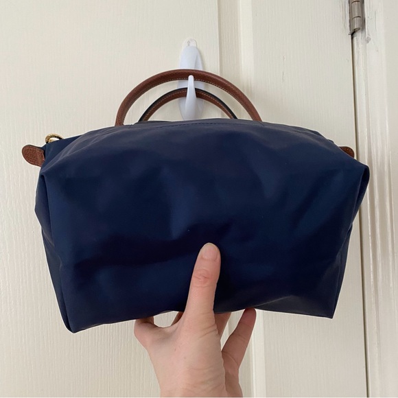 $150 Longchamp Le Pliage Navy Blue Nylon Brown Leather Tote Satchel Bag - Picture 9 of 16